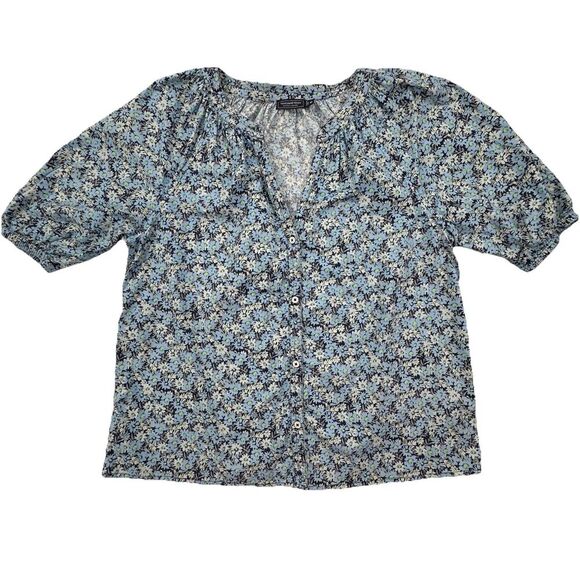 Vineyard Vines Women’s Puff Sleeve Button Front Blue Floral Blouse Size Medium - Picture 2 of 9